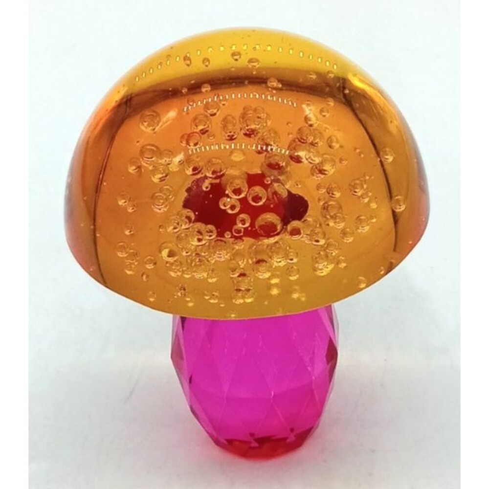 Orange and Pink Mushroom Art Glass Figurine Bubbles Faceted Stem 4"